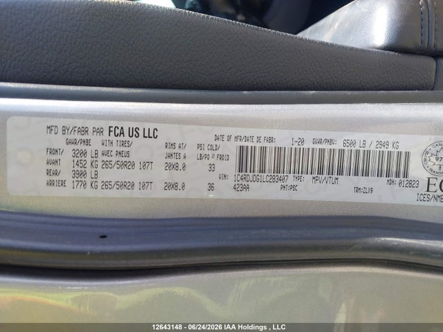 Продажа на аукционе авто 2020 Dodge Durango Gt, vin: 1C4RDJDG1LC283407, номер лота: 12643148