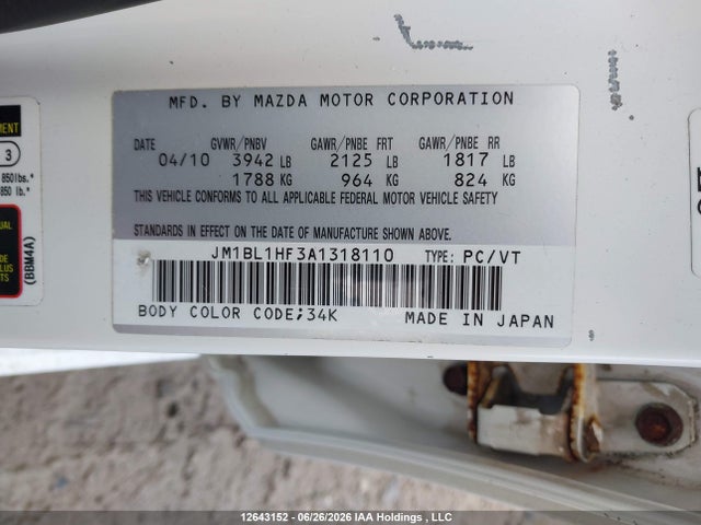 Aukcja sprzedaży 2010 Mazda Mazda3, vin: JM1BL1HF3A1318110, numer aukcji: 12643152