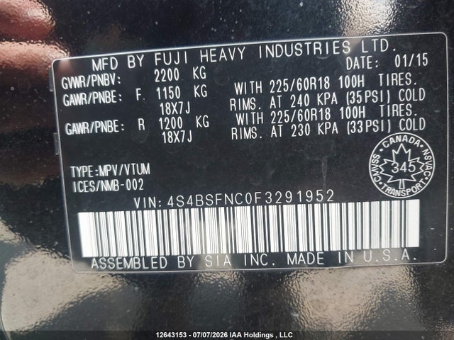 Продажа на аукционе авто 2015 Subaru Outback 3.6r Limited Package, vin: 4S4BSFNC0F3291952, номер лота: 12643153