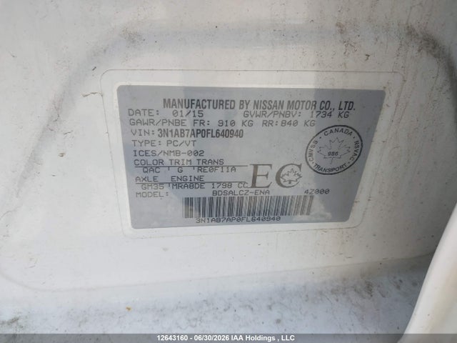 Aukcja sprzedaży 2015 Nissan Sentra, vin: 3N1AB7AP0FL640940, numer aukcji: 12643160