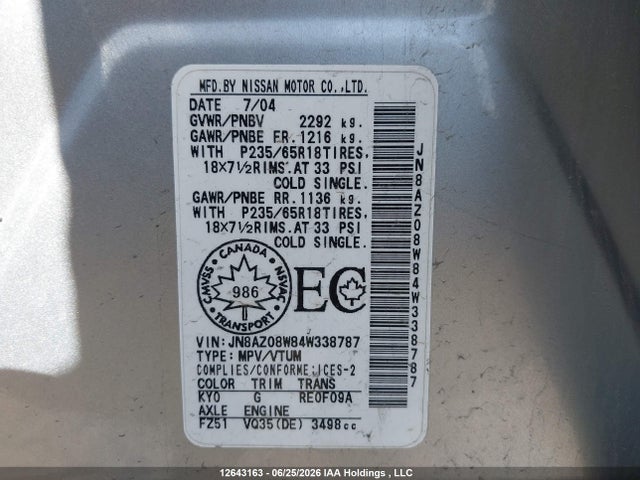 12643163 :رقم المزاد ، JN8AZ08W84W338787 vin ، 2004 Nissan Murano Sl/se مزاد بيع