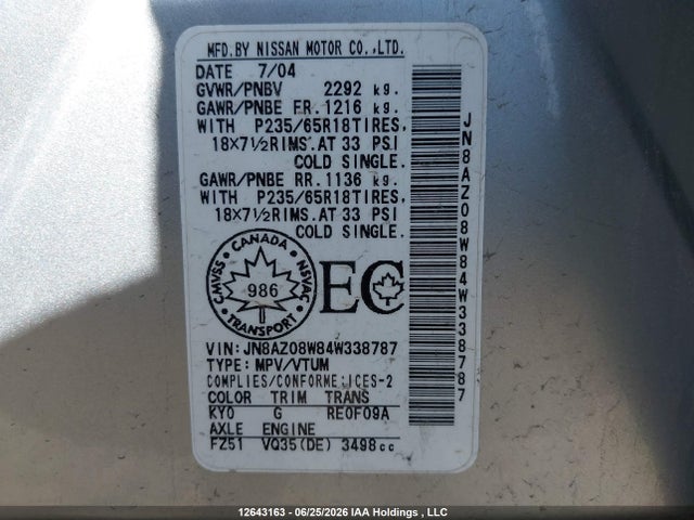 12643163 :رقم المزاد ، JN8AZ08W84W338787 vin ، 2004 Nissan Murano Sl/se مزاد بيع