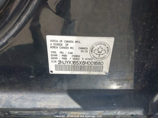 Aukcja sprzedaży 2006 Honda Ridgeline Rtl, vin: 2HJYK165X6H001680, numer aukcji: 12643167