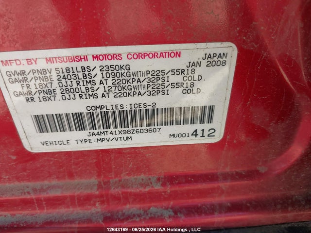 2008 Mitsubishi Outlander Xls მანქანა იყიდება აუქციონზე, vin: JA4MT41X98Z603607, აუქციონის ნომერი: 12643169