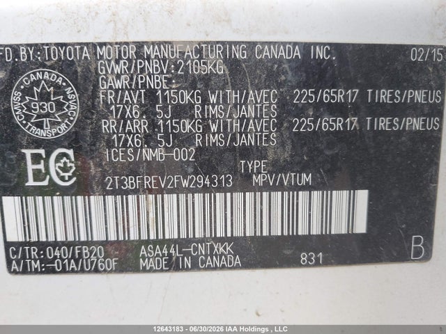 2015 Toyota Rav4 Le მანქანა იყიდება აუქციონზე, vin: 2T3BFREV2FW294313, აუქციონის ნომერი: 12643183