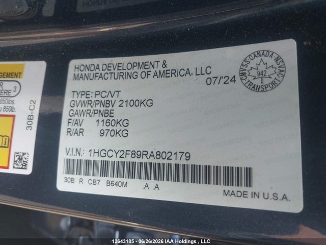 2024 Honda Accord Touring Hybrid მანქანა იყიდება აუქციონზე, vin: 1HGCY2F89RA802179, აუქციონის ნომერი: 12643185