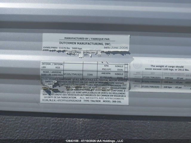 12643188 :رقم المزاد ، 47CTFTU237G524218 vin ، 2007 Four Winds International Infinity Motorhome مزاد بيع