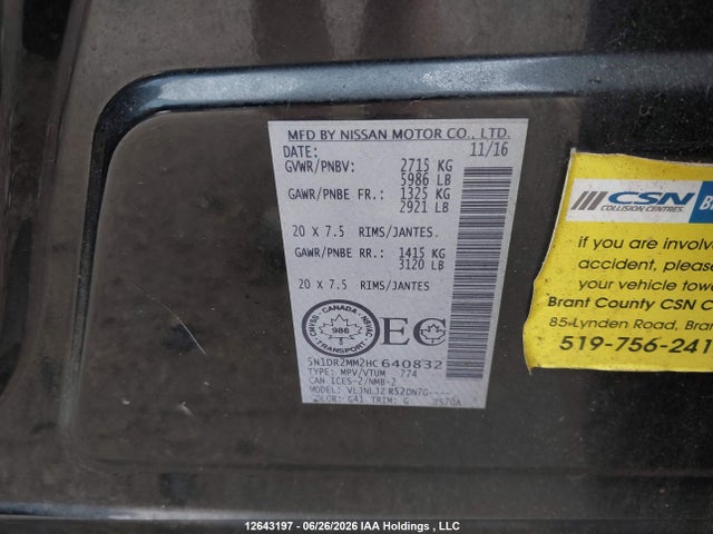 5N1DR2MM2HC640832 Nissan Pathfinder S/sv/sl/platinum