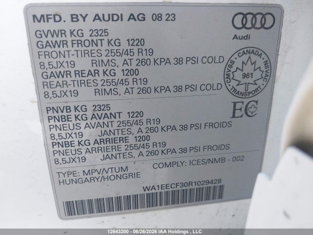 2024 Audi Q3 Premium Plus S Line 45 მანქანა იყიდება აუქციონზე, vin: WA1EECF30R1029428, აუქციონის ნომერი: 12643200