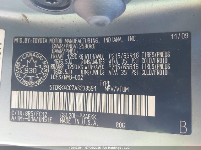 Aukcja sprzedaży 2010 Toyota Sienna Le 8 Passenger, vin: 5TDKK4CC7AS338591, numer aukcji: 12643201