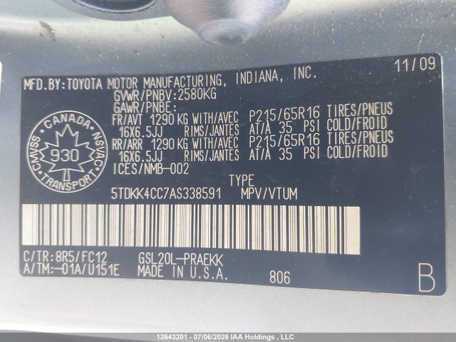 Aukcja sprzedaży 2010 Toyota Sienna Le 8 Passenger, vin: 5TDKK4CC7AS338591, numer aukcji: 12643201