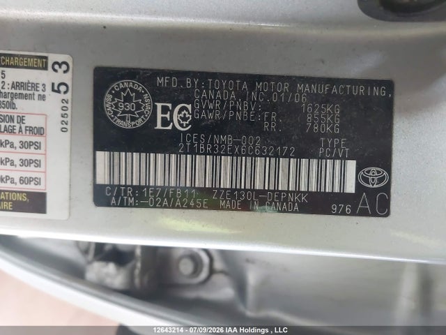 12643214 :رقم المزاد ، 2T1BR32EX6C632172 vin ، 2006 Toyota Corolla Ce/le/sport مزاد بيع
