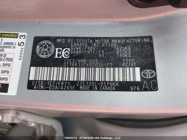 12643214 :رقم المزاد ، 2T1BR32EX6C632172 vin ، 2006 Toyota Corolla Ce/le/sport مزاد بيع