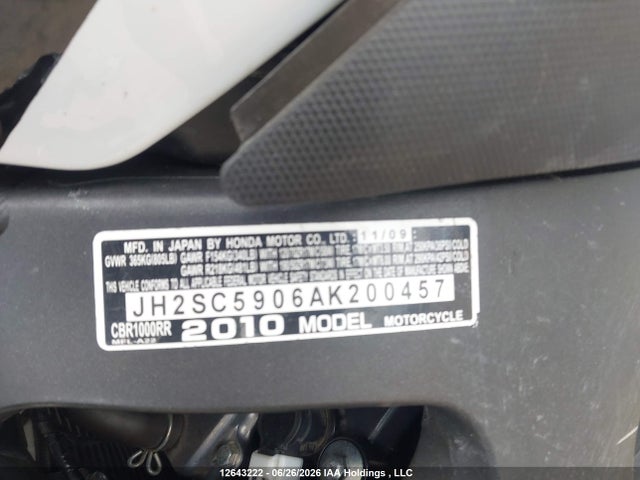 Aukcja sprzedaży 2010 Honda Cbr1000 Rr, vin: JH2SC5906AK200457, numer aukcji: 12643222