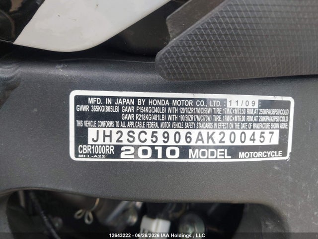 Aukcja sprzedaży 2010 Honda Cbr1000 Rr, vin: JH2SC5906AK200457, numer aukcji: 12643222