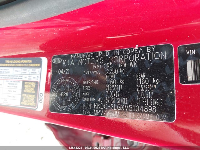 12643223 :رقم المزاد ، KNDCE3LGXM5104898 vin ، 2021 Kia Niro Ev Ex+/sx Touring مزاد بيع