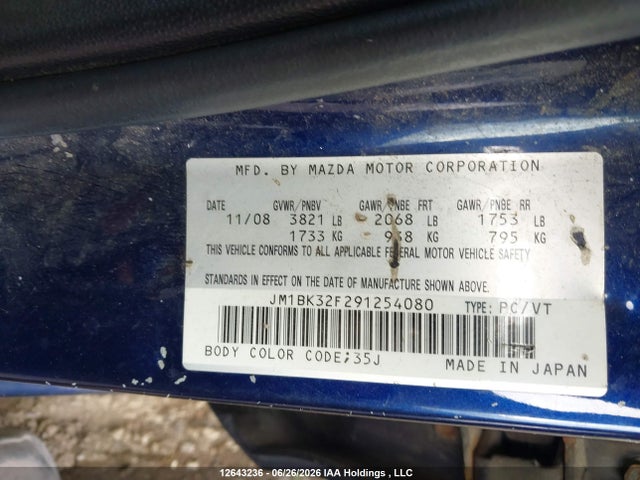 Aukcja sprzedaży 2009 Mazda 3 I, vin: JM1BK32F291254080, numer aukcji: 12643236