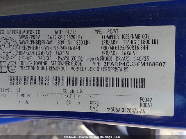 12643237 :رقم المزاد ، 3FADP4CJ3FM168607 vin ، 2015 Ford Fiesta Titanium مزاد بيع