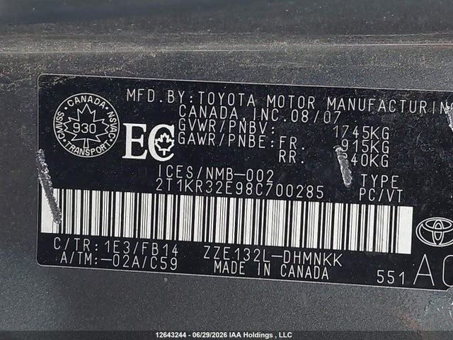 12643244 :رقم المزاد ، 2T1KR32E98C700285 vin ، 2008 Toyota Corolla Matrix Xr مزاد بيع