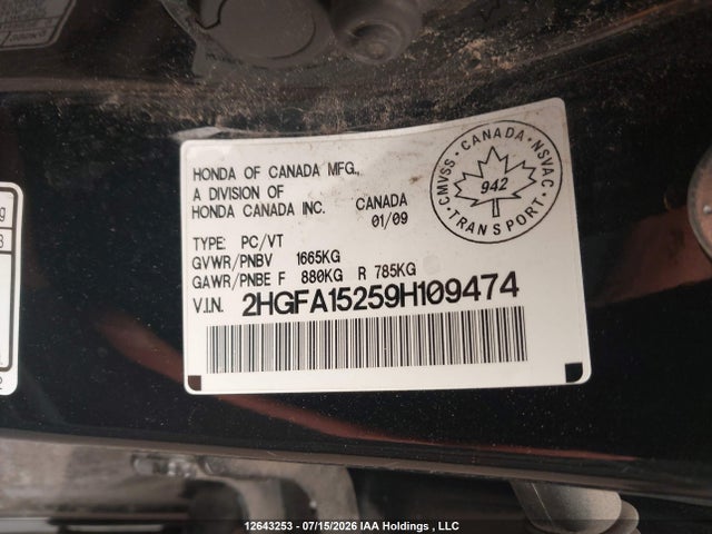 2009 Honda Civic Dx/dx-a მანქანა იყიდება აუქციონზე, vin: 2HGFA15259H109474, აუქციონის ნომერი: 12643253
