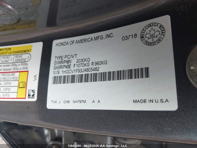 1HGCV1F93JA805482 Honda Accord Touring