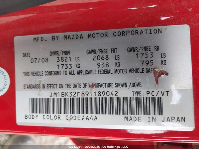 Aukcja sprzedaży 2009 Mazda Mazda3 Gs/gx, vin: JM1BK32F891189042, numer aukcji: 12643261