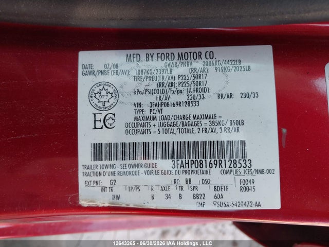 12643265 :رقم المزاد ، 3FAHP08169R128533 vin ، 2009 Ford Fusion Sel مزاد بيع