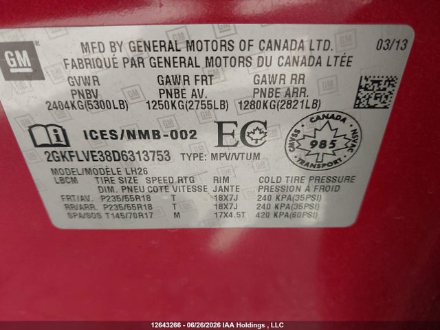 12643266 :رقم المزاد ، 2GKFLVE38D6313753 vin ، 2013 Gmc Terrain Slt-1 مزاد بيع