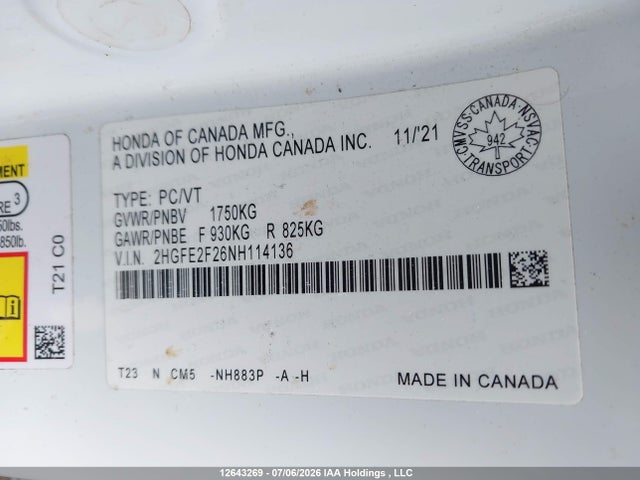 2022 Honda Civic მანქანა იყიდება აუქციონზე, vin: 2HGFE2F26NH114136, აუქციონის ნომერი: 12643269