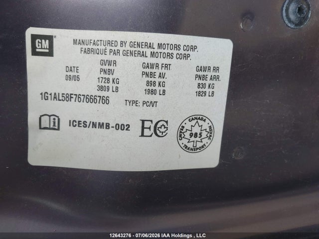 2006 Chevrolet Cobalt მანქანა იყიდება აუქციონზე, vin: 1G1AL58F767666766, აუქციონის ნომერი: 12643276