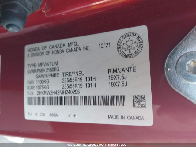12643280 :رقم المزاد ، 2HKRW2H42MH240295 vin ، 2021 Honda Cr-v Sport مزاد بيع