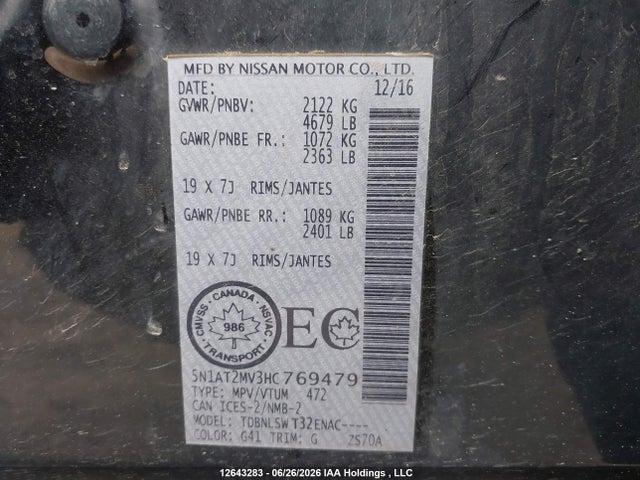 12643283 :رقم المزاد ، 5N1AT2MV3HC769479 vin ، 2017 Nissan Rogue S/sl Platinum/sv مزاد بيع