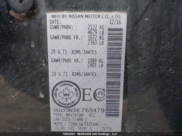 12643283 :رقم المزاد ، 5N1AT2MV3HC769479 vin ، 2017 Nissan Rogue S/sl Platinum/sv مزاد بيع