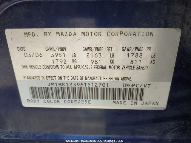 Aukcja sprzedaży 2006 Mazda Mazda3 Gt, vin: JM1BK123961512701, numer aukcji: 12643284
