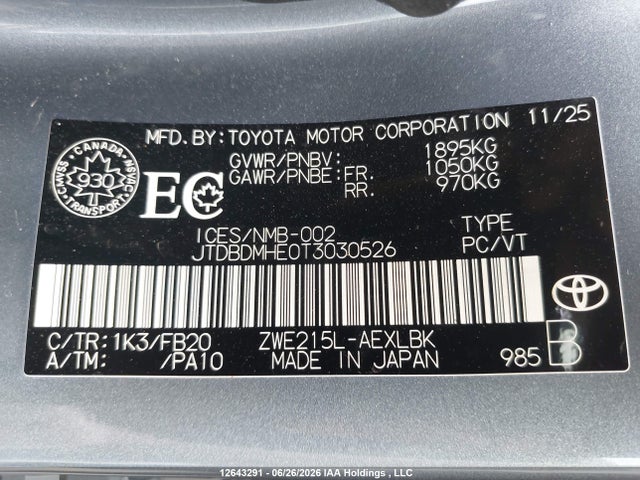 12643291 :رقم المزاد ، JTDBDMHE0T3030526 vin ، 2026 Toyota Corolla Hybrid Le Awd مزاد بيع
