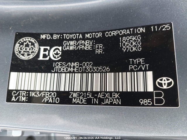 12643291 :رقم المزاد ، JTDBDMHE0T3030526 vin ، 2026 Toyota Corolla Hybrid Le Awd مزاد بيع