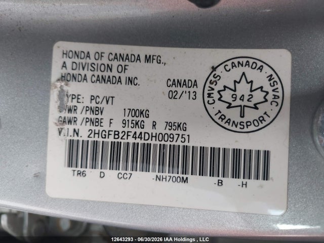 Продаж на аукціоні авто 2013 Honda Civic Lx, vin: 2HGFB2F44DH009751, номер лоту: 12643293