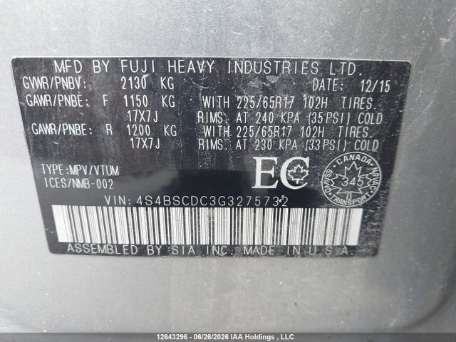 Subaru Outback 2.5i Touring Package 2016 4S4BSCDC3G3275732 Image 9