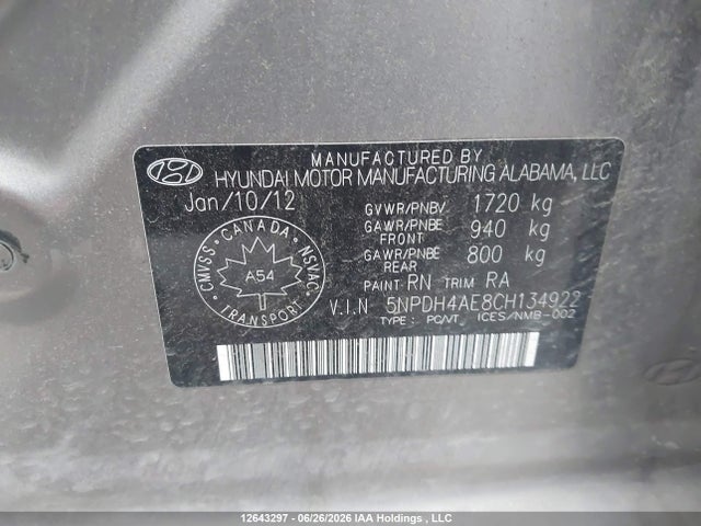 Aukcja sprzedaży 2012 Hyundai Elantra Gls, vin: 5NPDH4AE8CH134922, numer aukcji: 12643297