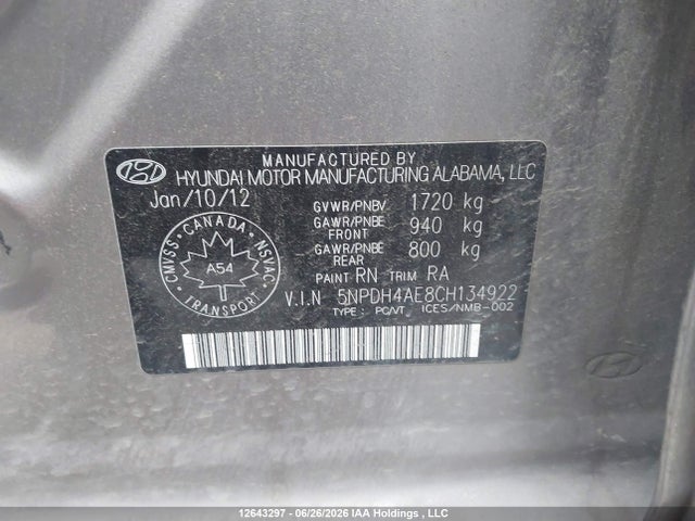 Aukcja sprzedaży 2012 Hyundai Elantra Gls, vin: 5NPDH4AE8CH134922, numer aukcji: 12643297