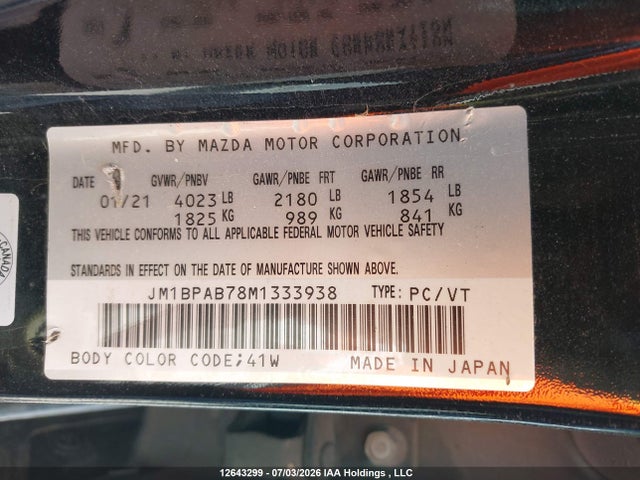 Продажа на аукционе авто 2021 Mazda Mazda3 Gx, vin: JM1BPAB78M1333938, номер лота: 12643299