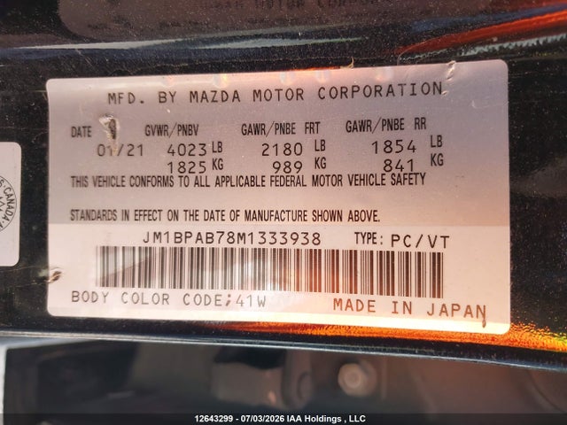 Продажа на аукционе авто 2021 Mazda Mazda3 Gx, vin: JM1BPAB78M1333938, номер лота: 12643299