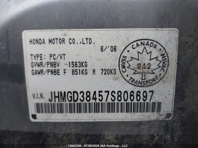 2007 Honda Fit Lx მანქანა იყიდება აუქციონზე, vin: JHMGD38457S806697, აუქციონის ნომერი: 12643300