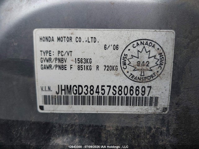 2007 Honda Fit Lx მანქანა იყიდება აუქციონზე, vin: JHMGD38457S806697, აუქციონის ნომერი: 12643300