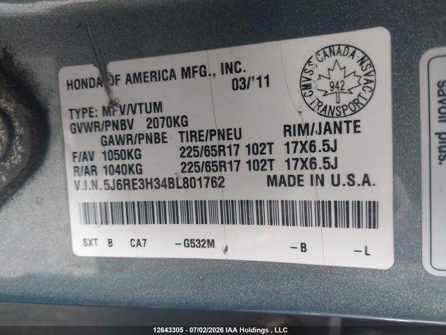 2011 Honda Cr-v Lx მანქანა იყიდება აუქციონზე, vin: 5J6RE3H34BL801762, აუქციონის ნომერი: 12643305
