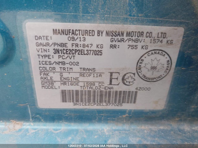 12643310 :رقم المزاد ، 3N1CE2CP2EL377025 vin ، 2014 Nissan Versa Note مزاد بيع