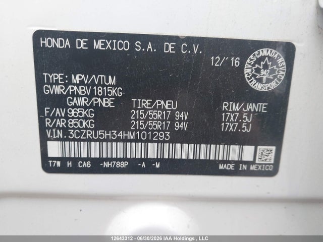 2017 Honda Hr-v მანქანა იყიდება აუქციონზე, vin: 3CZRU5H34HM101293, აუქციონის ნომერი: 12643312