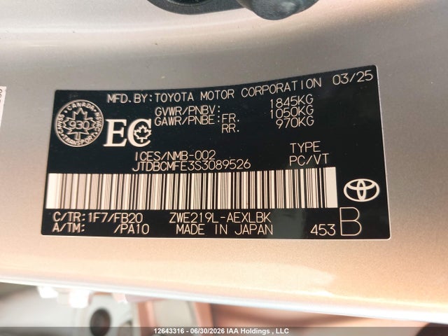 JTDBCMFE3S3089526 Toyota Corolla Hybrid Le