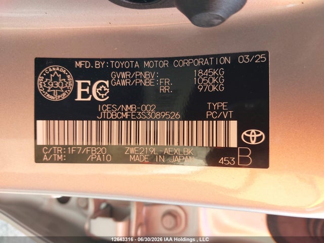 JTDBCMFE3S3089526 Toyota Corolla Hybrid Le