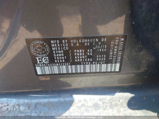 12643320 :رقم المزاد ، 3VWG57AU3KM022307 vin ، 2019 Volkswagen Golf 1.4 Tsi Comfortline/1.4 Tsi Execline/1.4 Tsi Highline مزاد بيع
